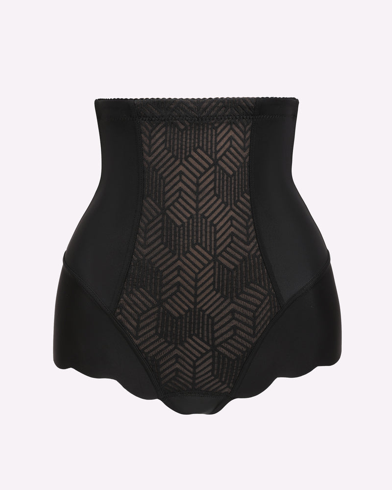 Black tummy control shapewear with patterned center panel, seamless design, and scalloped edges.