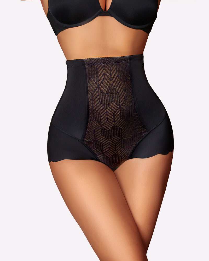 High-waisted black tummy control shapewear. Seamless, stretchy design for slimming.