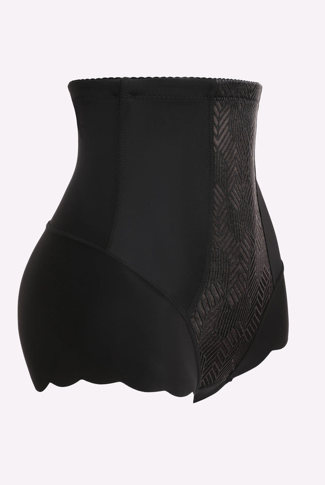 Black high-waisted tummy control shapewear with seamless design and side panel for slimming.