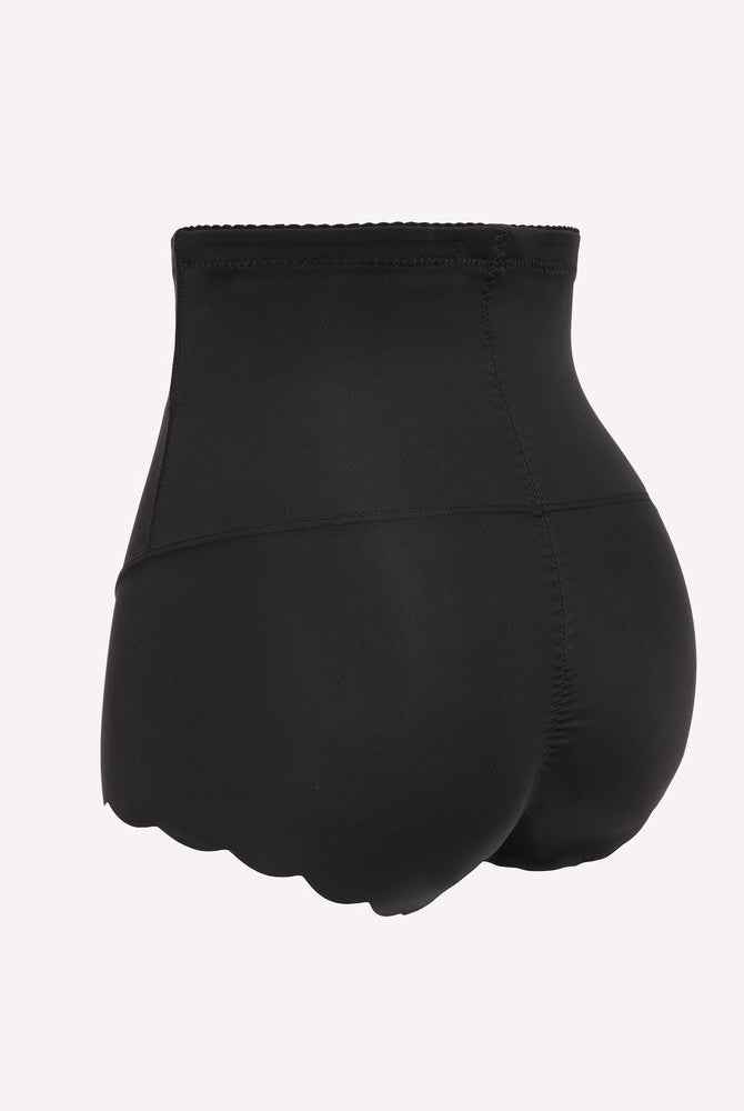Black high-waisted tummy control shapewear with seamless design, scalloped edge and smoothing effect