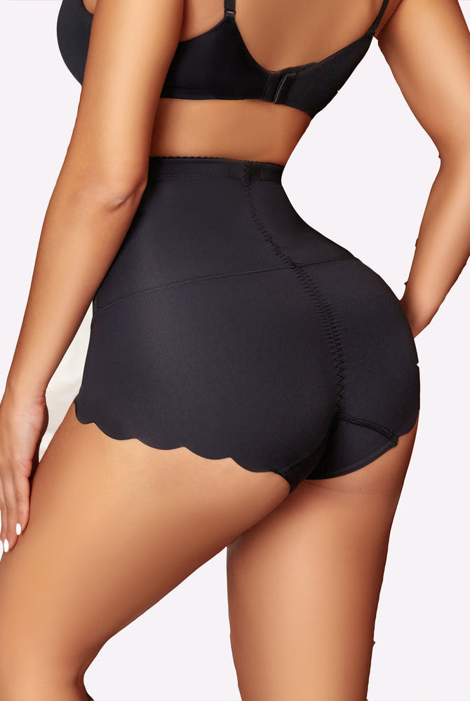 Black high-waisted shapewear shorts with scalloped edge, seamless for tummy control and slimming