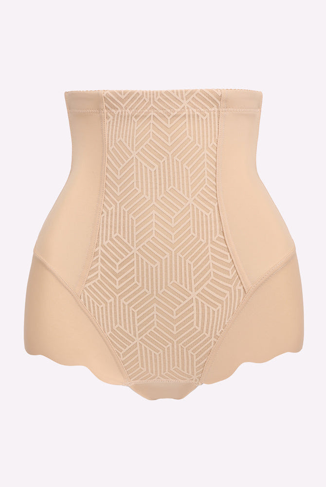 High-waisted nude tummy control shapewear with geometric design, seamless, and slimming.