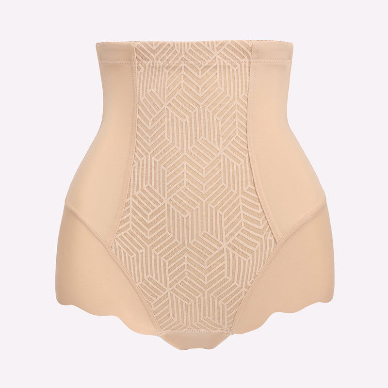 High-waisted nude tummy control shapewear with geometric design, seamless, and slimming.