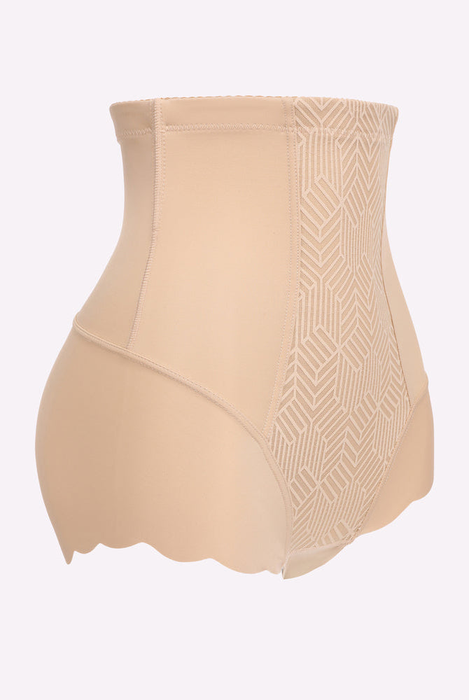 Nude high-waisted shapewear with tummy control, seamless design, and geometric panel.