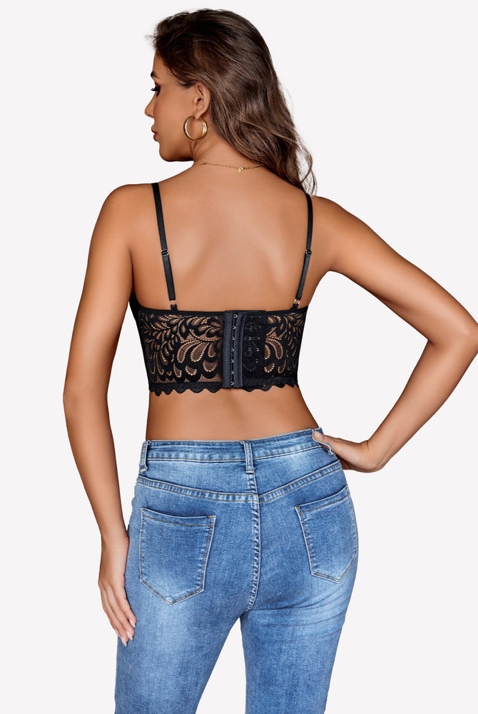 Black lace bralette corset top with underwire, adjustable straps and jeans. Sexy lingerie look.