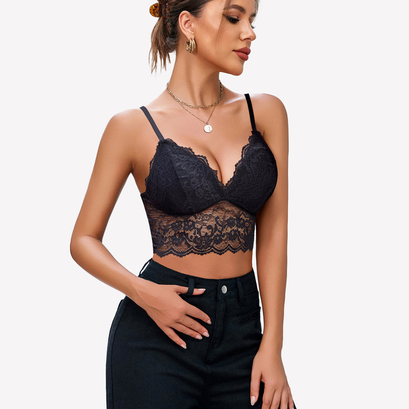 Black lace bustier crop top with adjustable straps, unpadded bralette for women