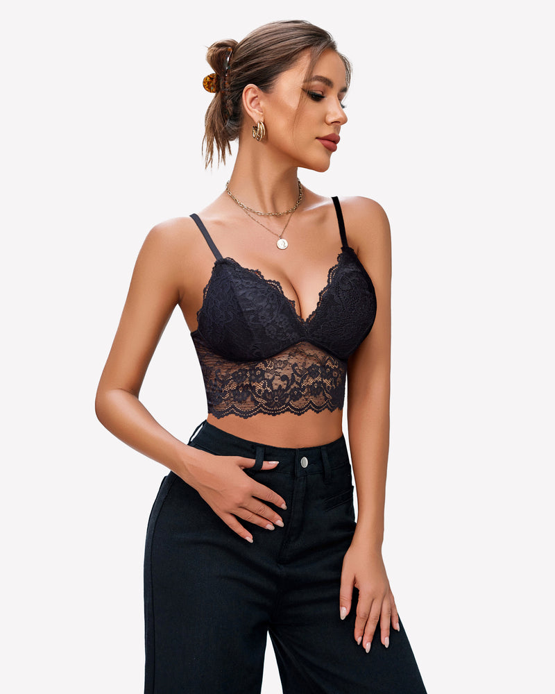 Black lace bustier crop top with adjustable straps, unpadded bralette for women
