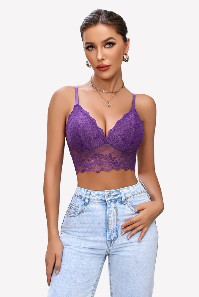 Purple lace bustier crop top with spaghetti straps, floral lace pattern, sexy lingerie