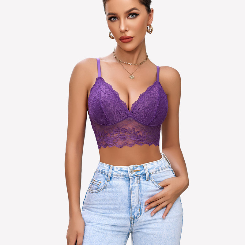 Purple lace bustier crop top with spaghetti straps, floral lace pattern, sexy lingerie