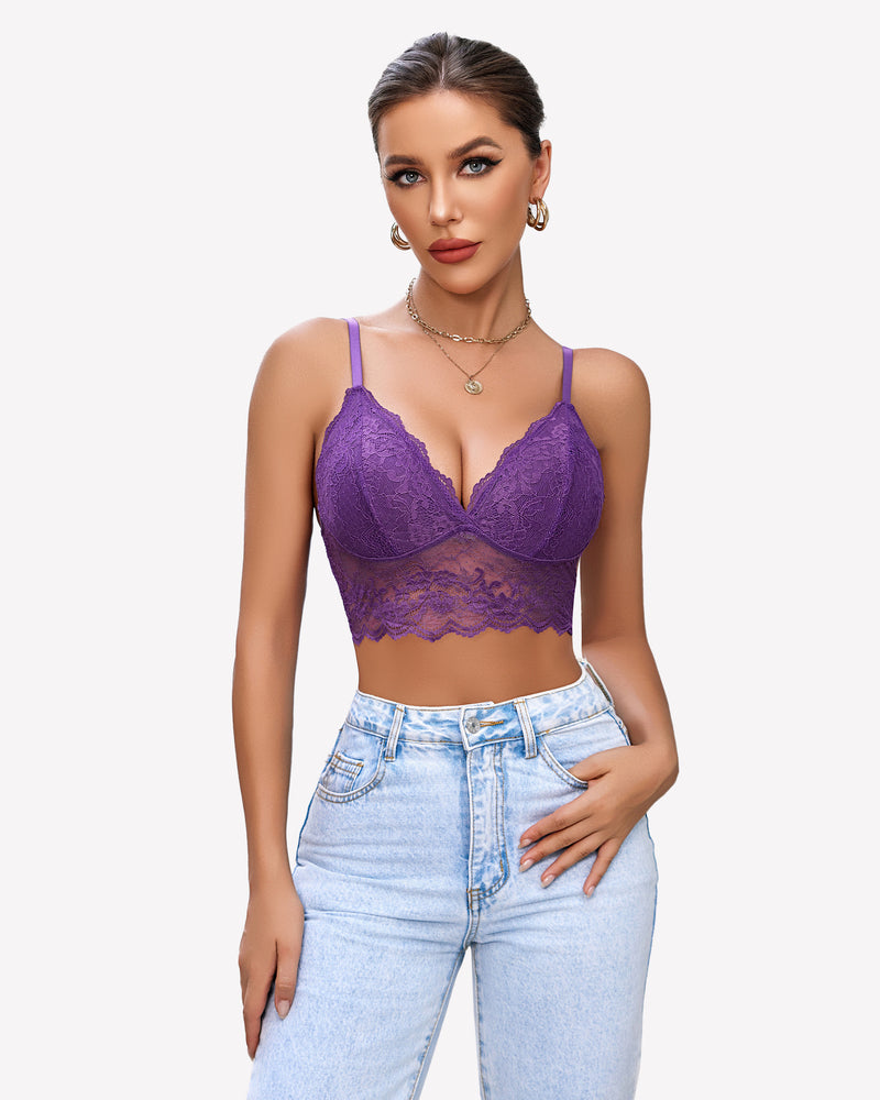 Purple lace bustier crop top with spaghetti straps, floral lace pattern, sexy lingerie