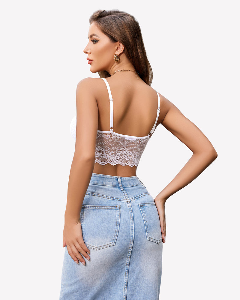 White floral lace bustier crop top with adjustable straps. Unpadded bralette, sexy lingerie.