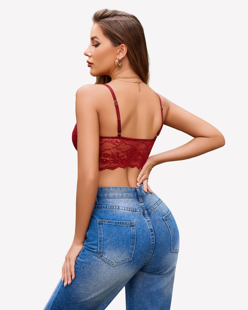Red floral lace bustier crop top with adjustable straps, denim jeans. Sexy lingerie.