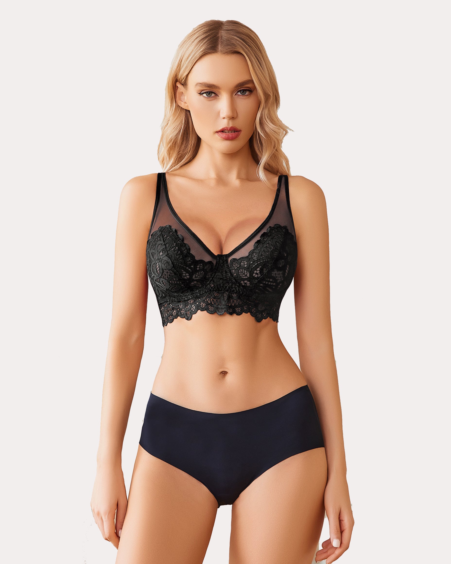 Black lace bralette with adjustable straps and matching underwear. Full coverage bra.