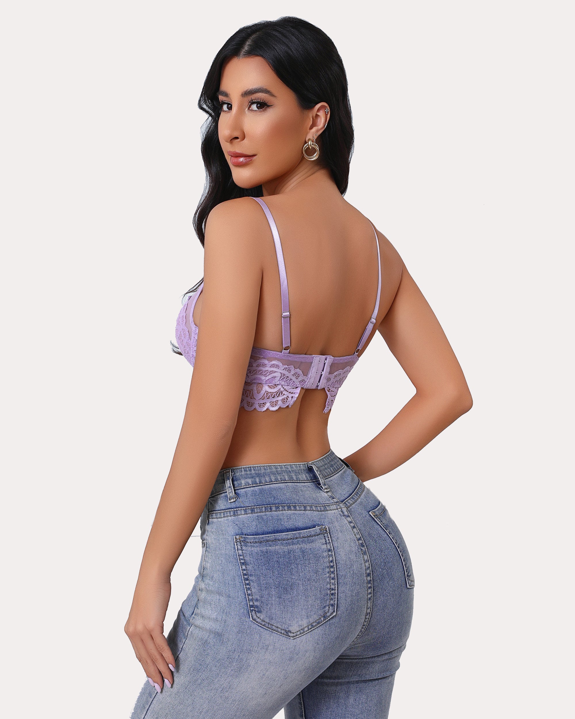 Lavender lace bralette with adjustable straps, U-shaped back, and jeans. Sexy lingerie.