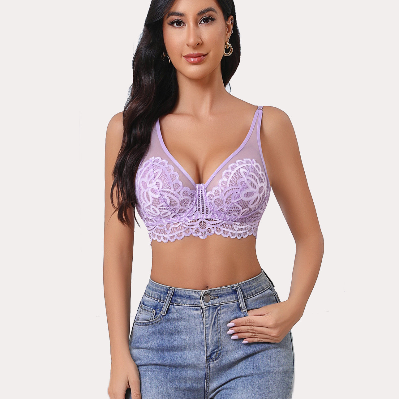 Lavender lace bralette with deep V-neckline, adjustable straps, and floral lace detailing.