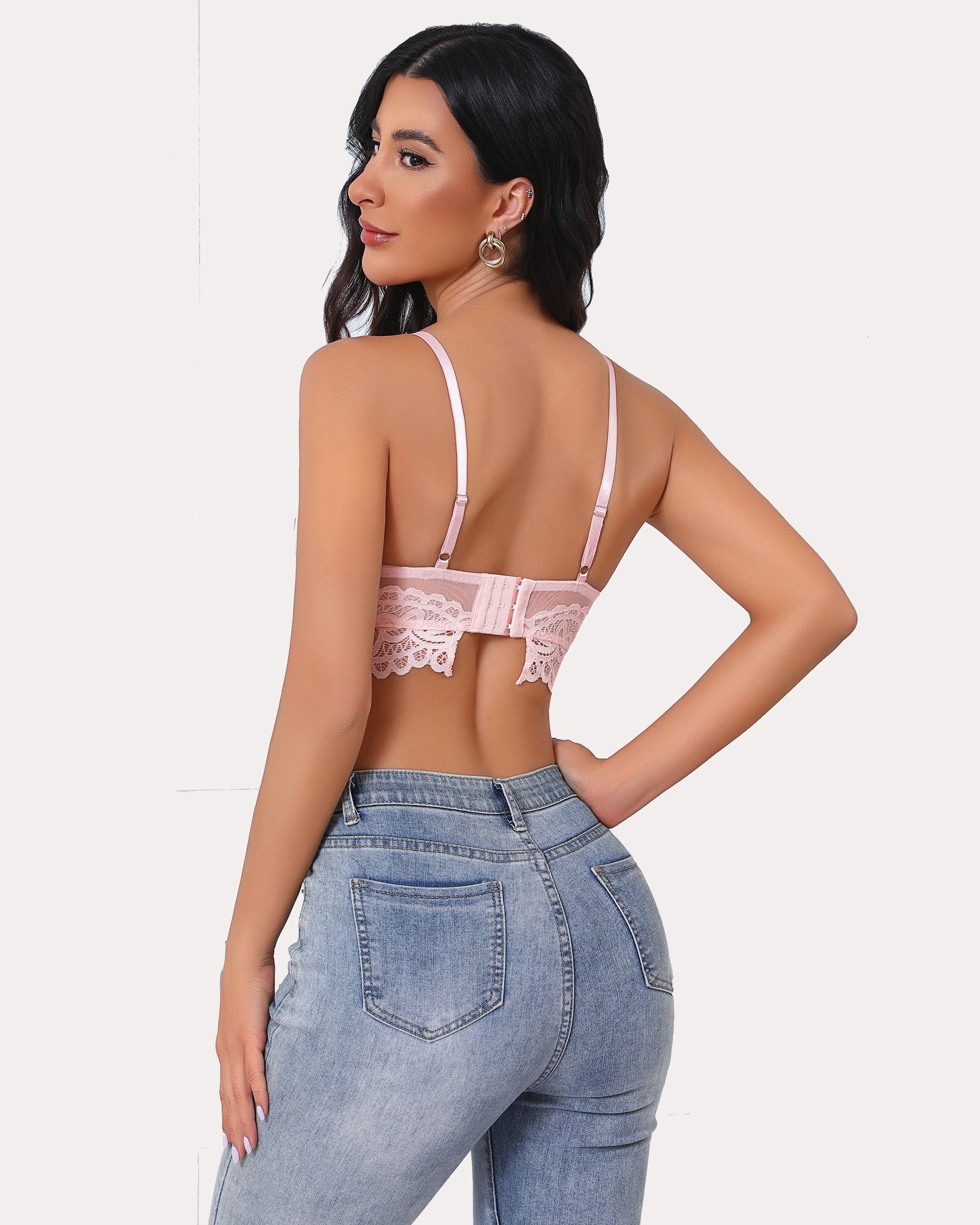 Pink lace bralette with adjustable straps, full coverage, floral design, and U-shaped mesh back