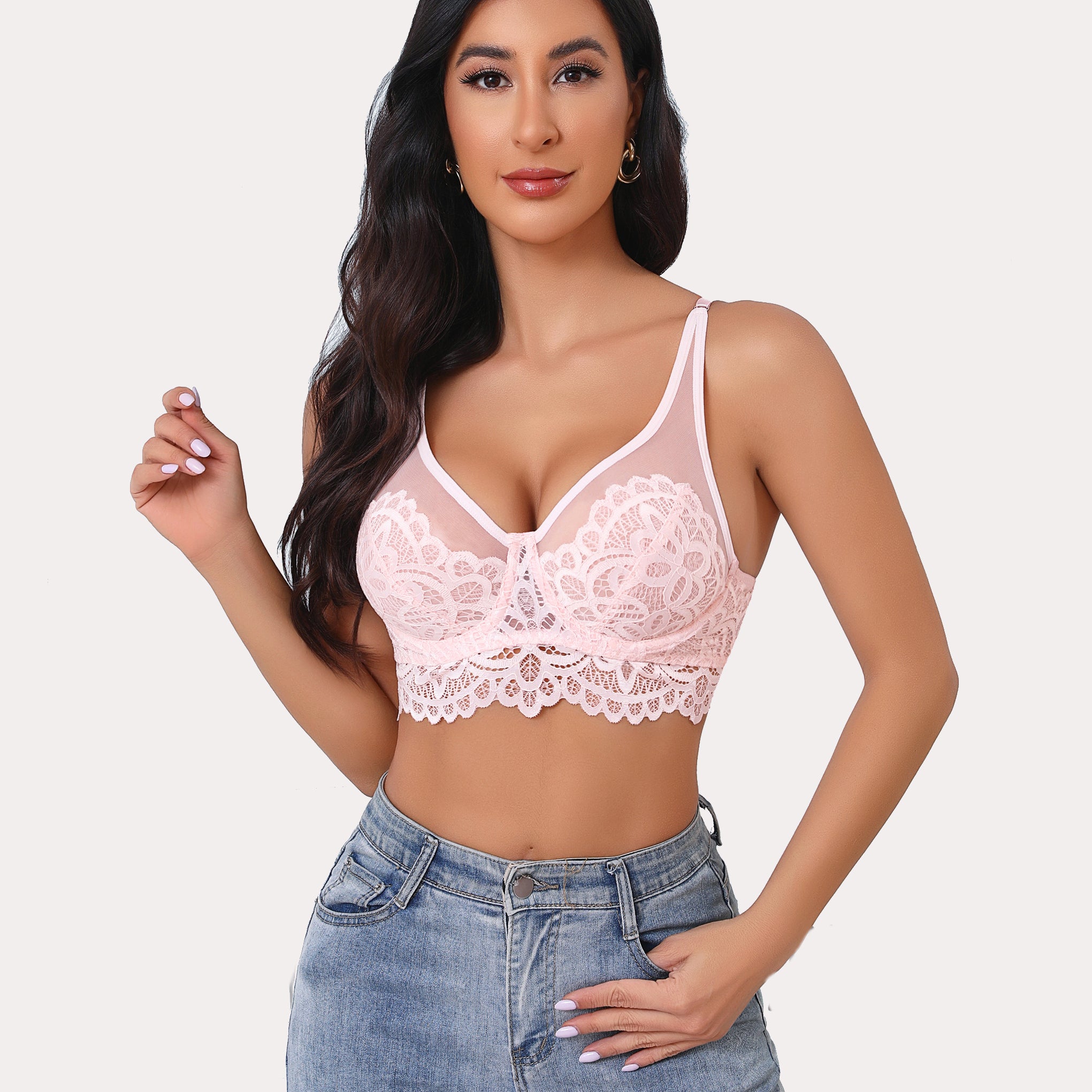 Pink lace bralette with floral design, adjustable straps. Full coverage bralette.