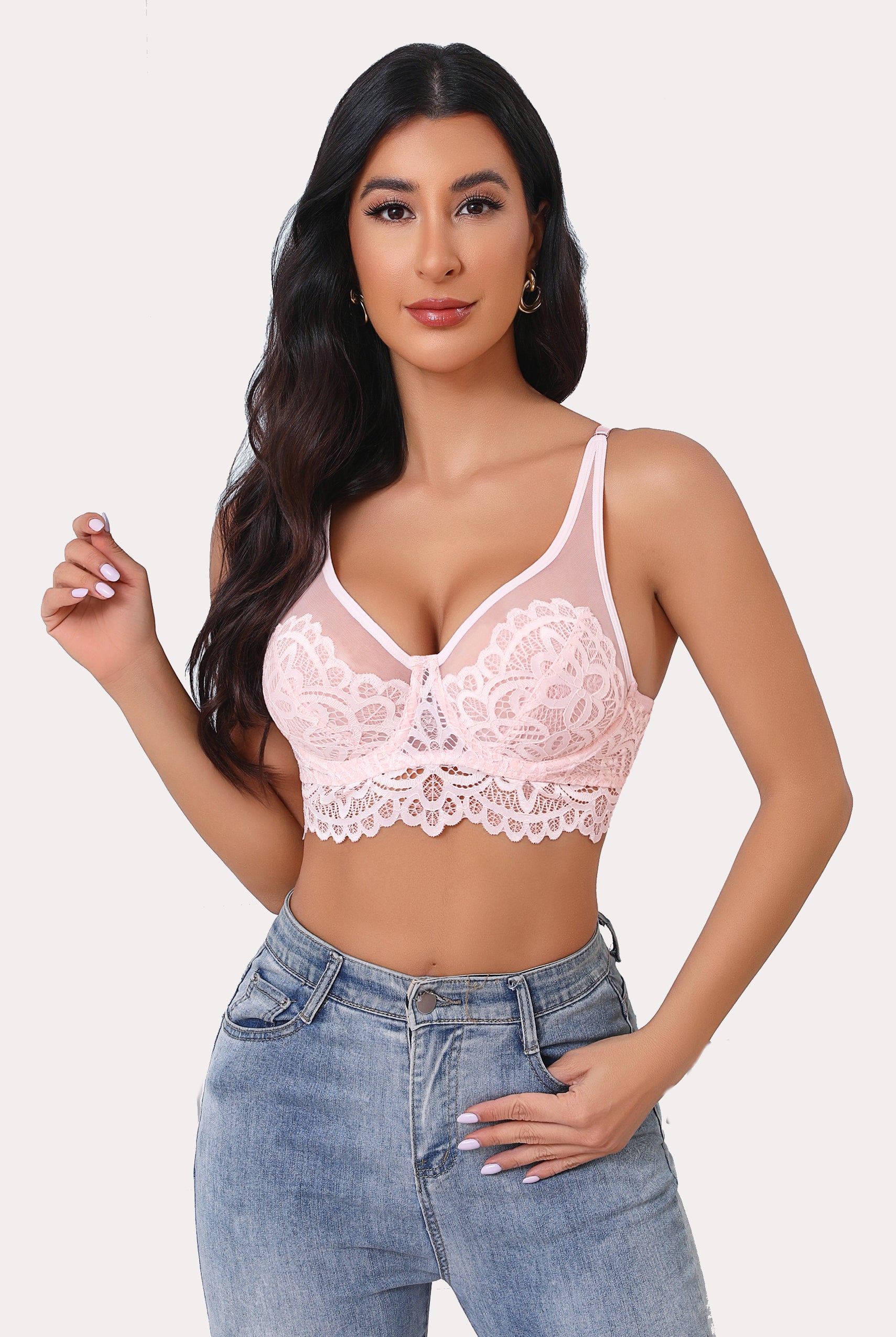 Pink lace bralette with floral design, adjustable straps. Full coverage bralette.