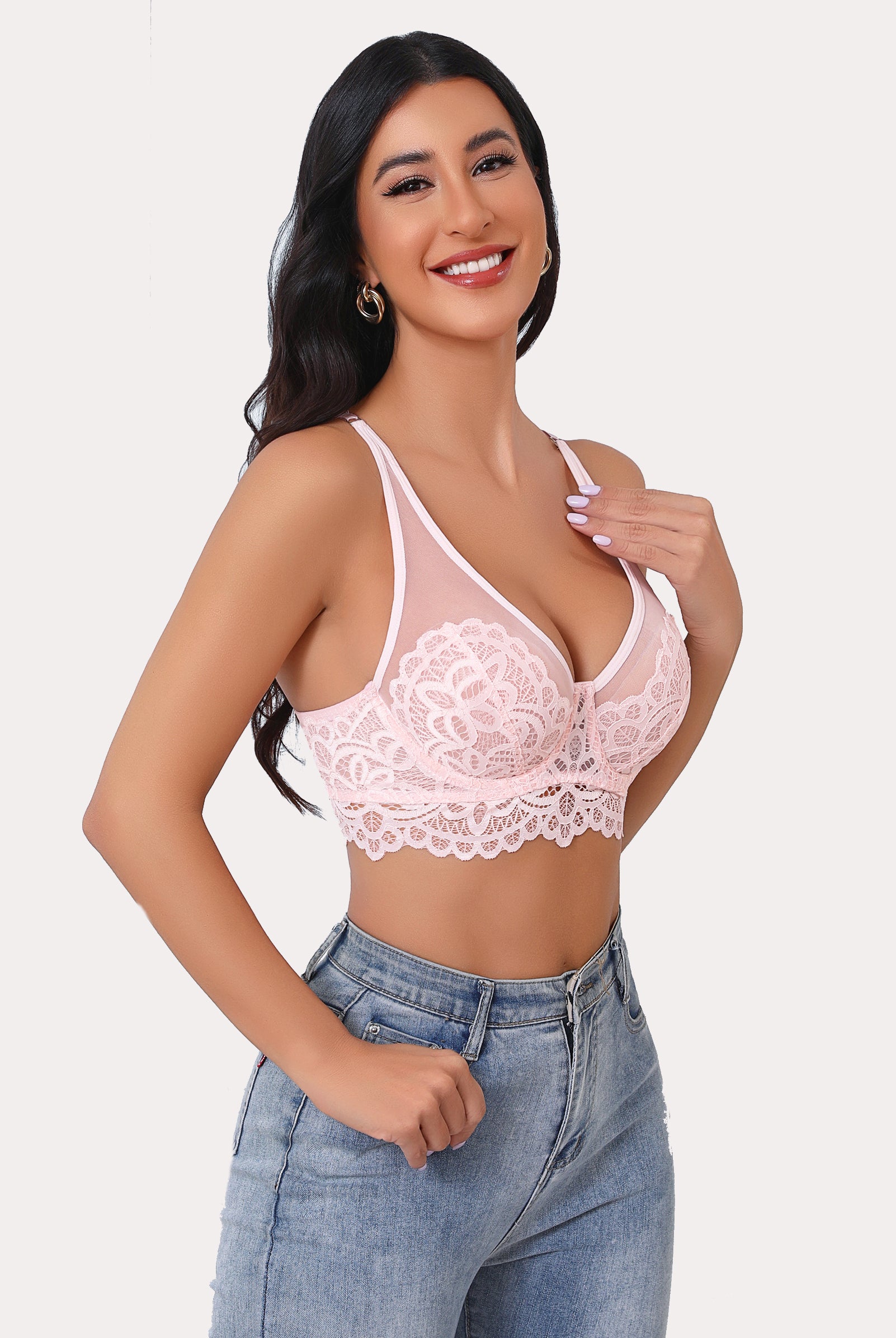 Pink lace bralette with floral design, adjustable straps, and U-shaped mesh back. Full coverage bra.