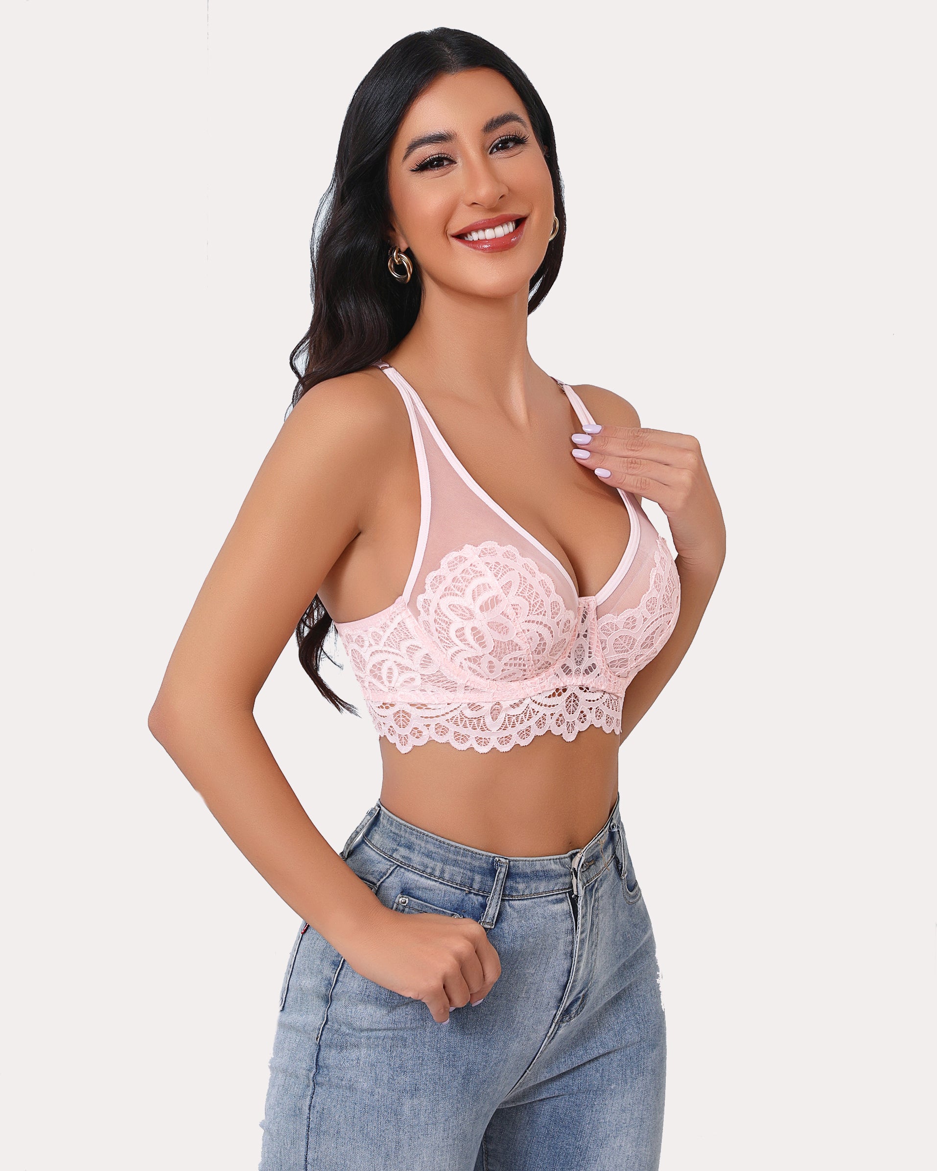 Pink lace bralette with floral design, adjustable straps, and U-shaped mesh back. Full coverage bra.