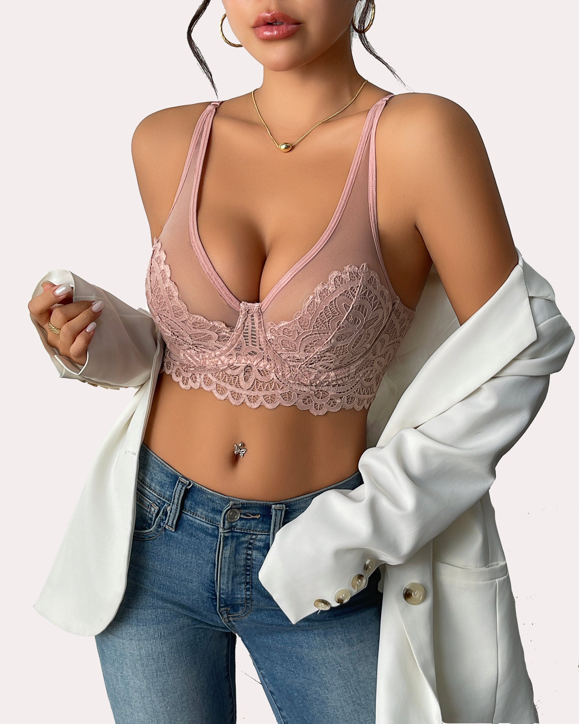 Pink floral lace bralette, adjustable straps, full coverage, with jeans and white blazer