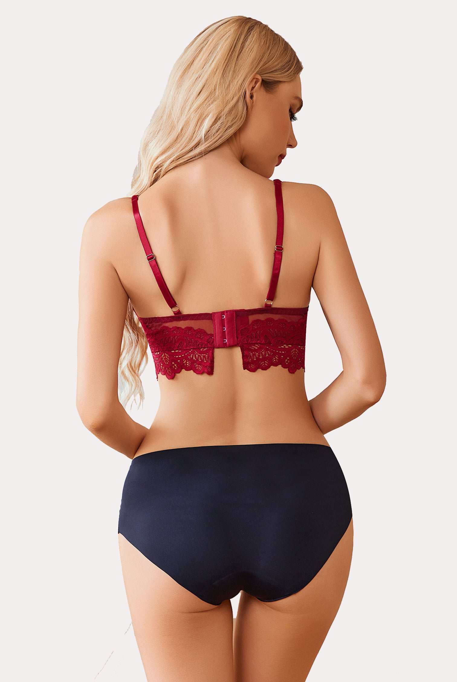 Burgundy lace bralette with adjustable straps and U-shaped back, black underwear. Full coverage bra.