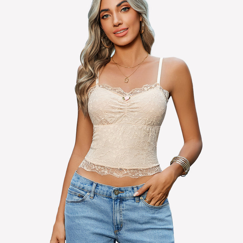 Beige lace crop top ruched tank with spaghetti straps, perfect for a sexy and confident look.