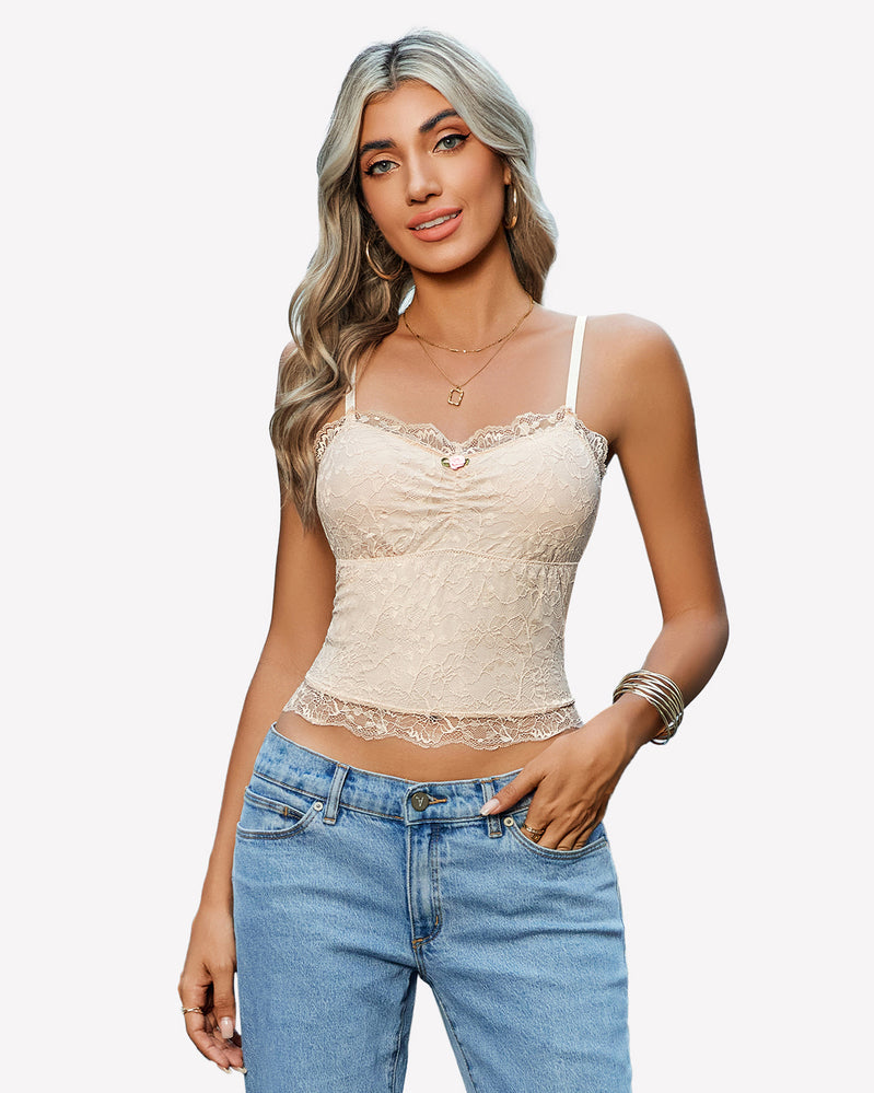 Champagne lace crop ruched camisole with scalloped trim and thin spaghetti straps