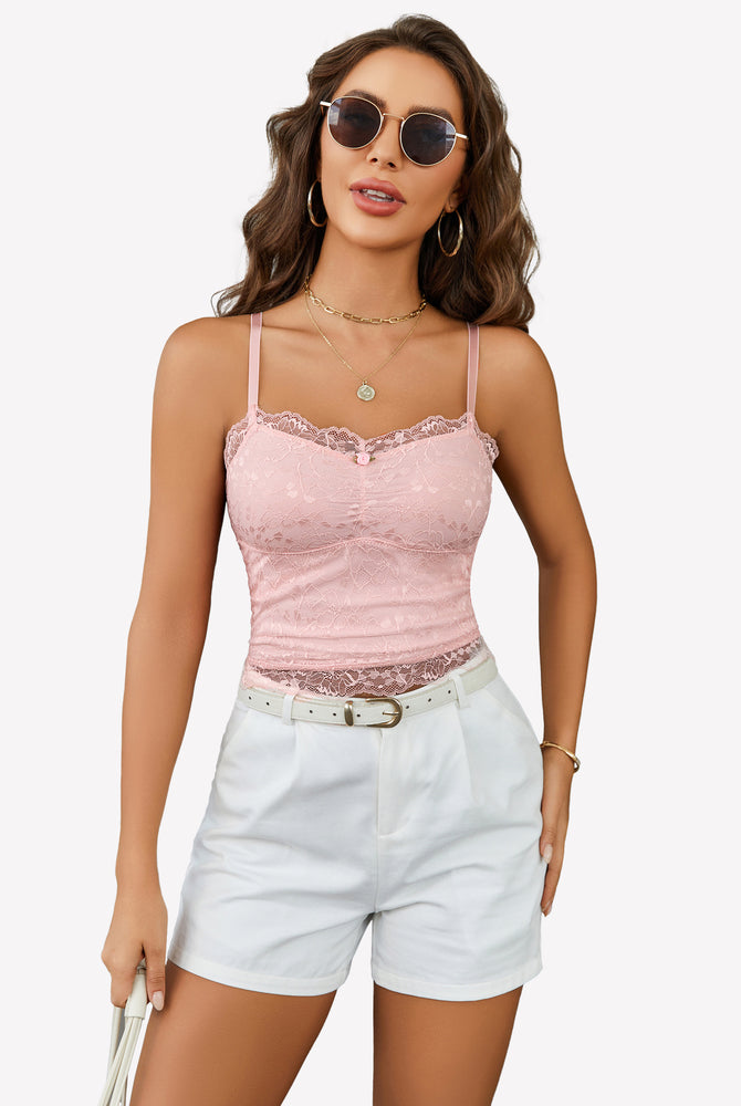 Pink lace crop top ruched tank with spaghetti straps, white shorts, and sunglasses. Sexy lingerie.
