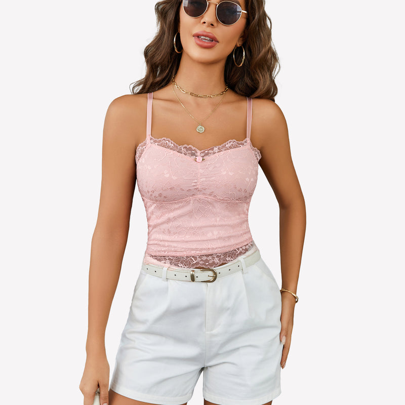 Pink lace crop top ruched tank with spaghetti straps, white shorts, and sunglasses. Sexy lingerie.