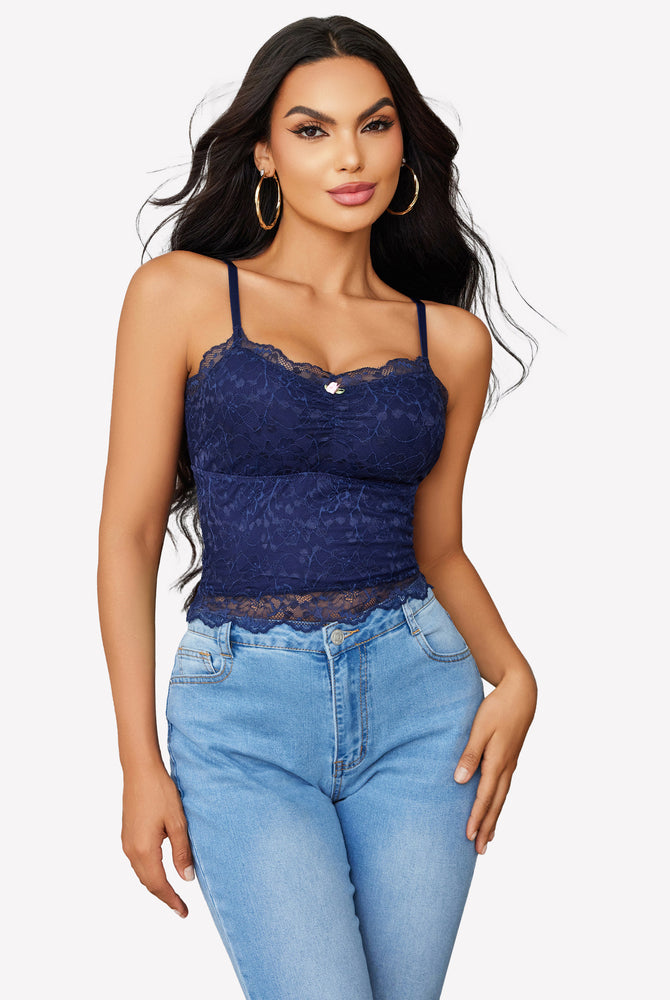 Navy blue lace crop top ruched tank with spaghetti straps. Sexy lingerie.