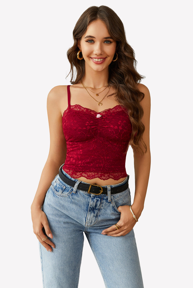 Burgundy lace crop top ruched tank, light blue jeans. Sexy lingerie.
