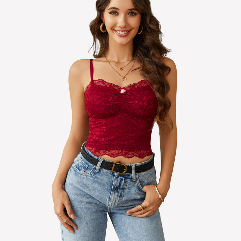 Burgundy lace crop top ruched tank, light blue jeans. Sexy lingerie.