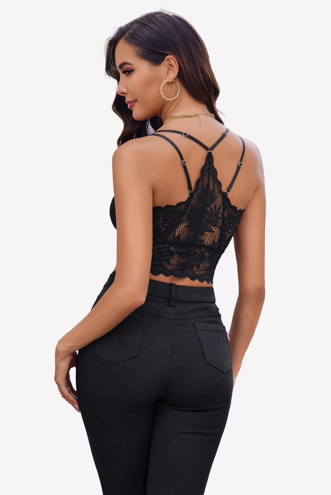 Black lace racerback crop top with scalloped trim, showing sexy back. Avidlove lingerie.