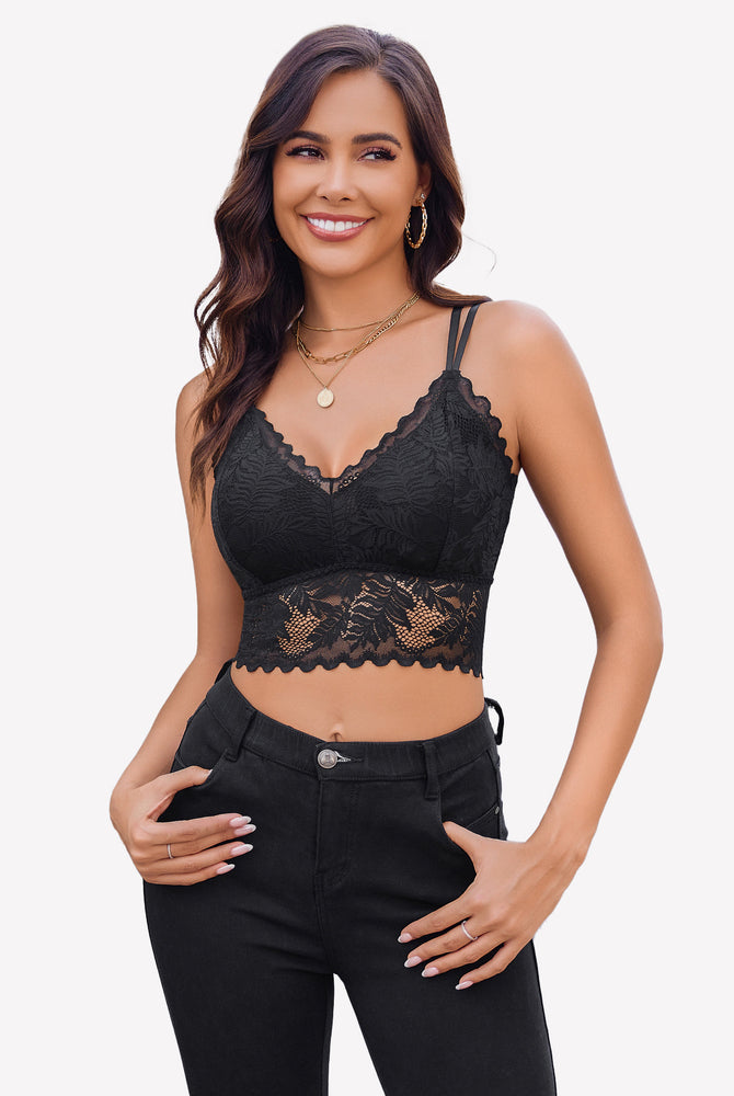 Black lace camisole top with scalloped lace trim. Perfect to show your sexy and charming back.