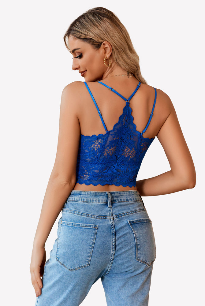 Blue lace racerback crop top with scalloped trim, showing a sexy back. Comfortable camisole.