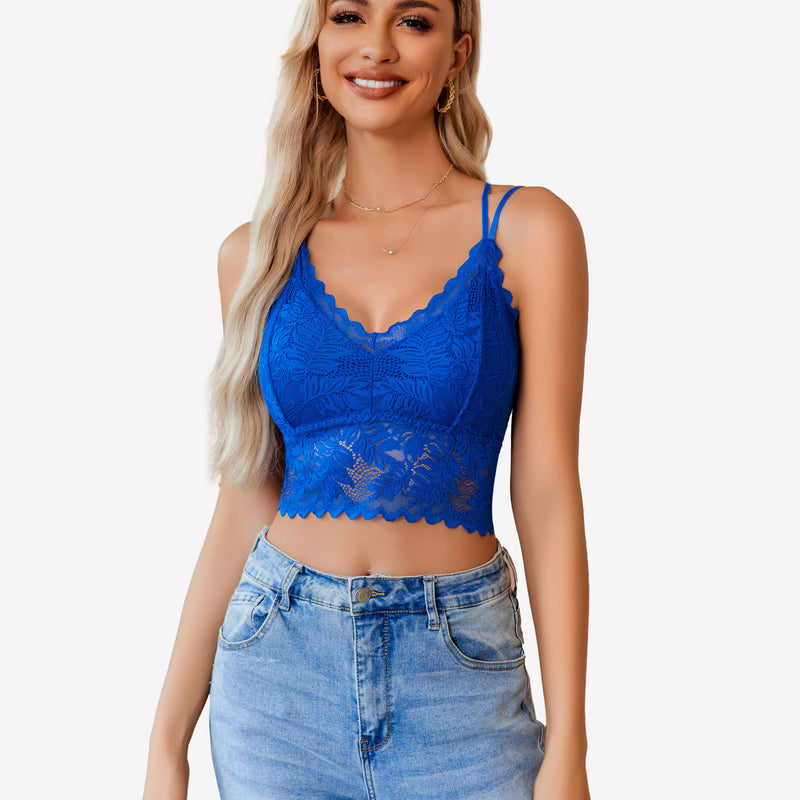 Blue lace crop top with scalloped trim. Stretchy and comfortable camisole top for women.