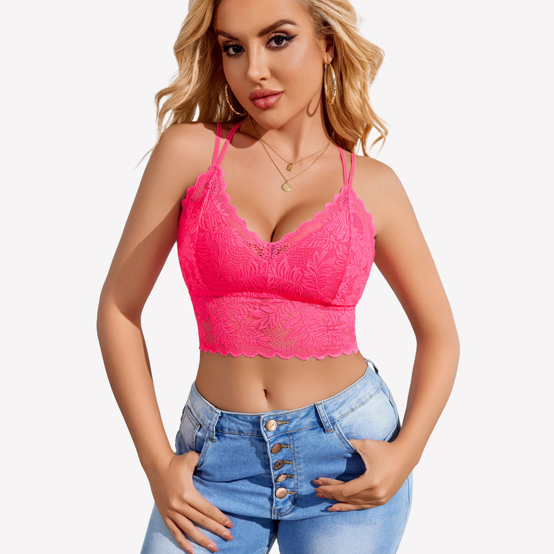 Hot pink lace camisole crop top. Scalloped trim, adjustable straps. Sexy and fashionable lingerie.