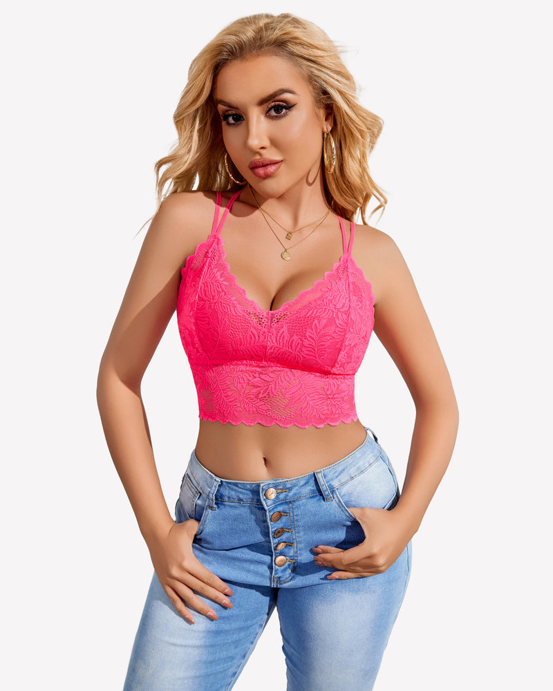 Hot pink lace camisole crop top. Scalloped trim, adjustable straps. Sexy and fashionable lingerie.