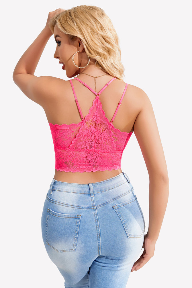 Hot pink lace racerback crop top with scalloped trim, showing sexy back. Comfortable lingerie.