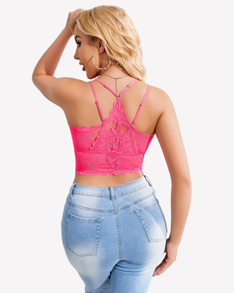 Hot pink lace racerback crop top with scalloped trim, showing sexy back. Comfortable lingerie.