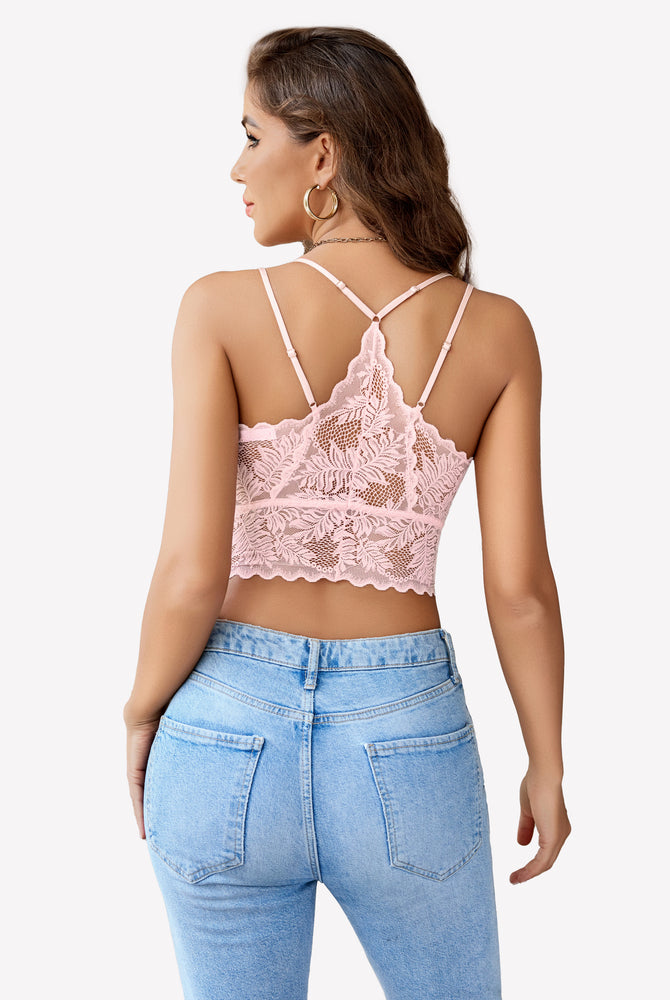 Pink lace racerback crop top. Scalloped trim, adjustable straps. Comfortable and sexy lingerie.