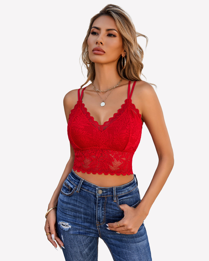 Red lace camisole crop top. Adjustable straps. Comfortable and sexy lingerie.