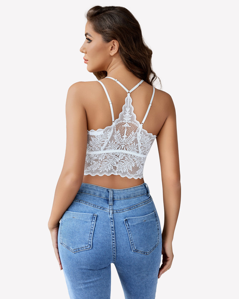 White lace racerback crop top with scalloped trim, showing back. Avidlove lingerie.