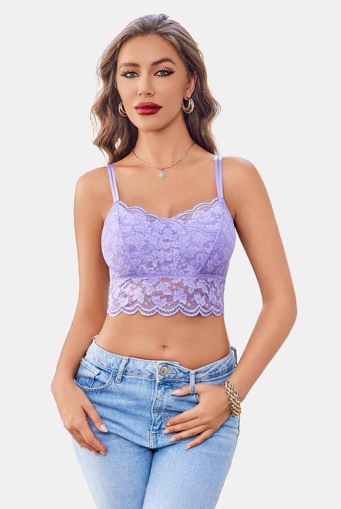 Lavender lace crop top with adjustable straps and floral design; perfect for Y2K style.