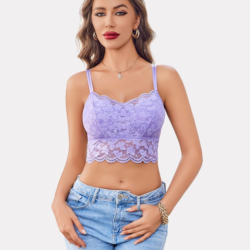 Lavender lace crop top with adjustable straps and floral design; perfect for Y2K style.