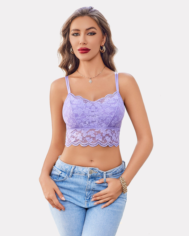 Lavender lace crop top with adjustable straps and floral design; perfect for Y2K style.