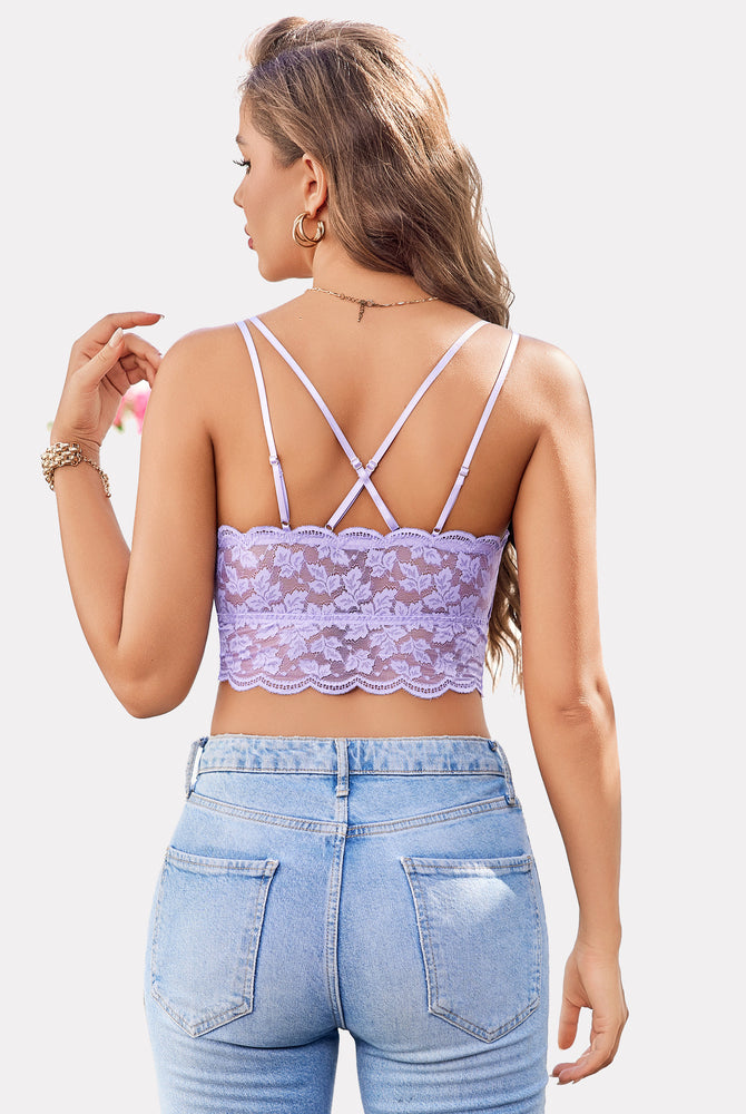 Lavender lace crop top, adjustable straps, floral lace design, Y2K style, racerback bralette.