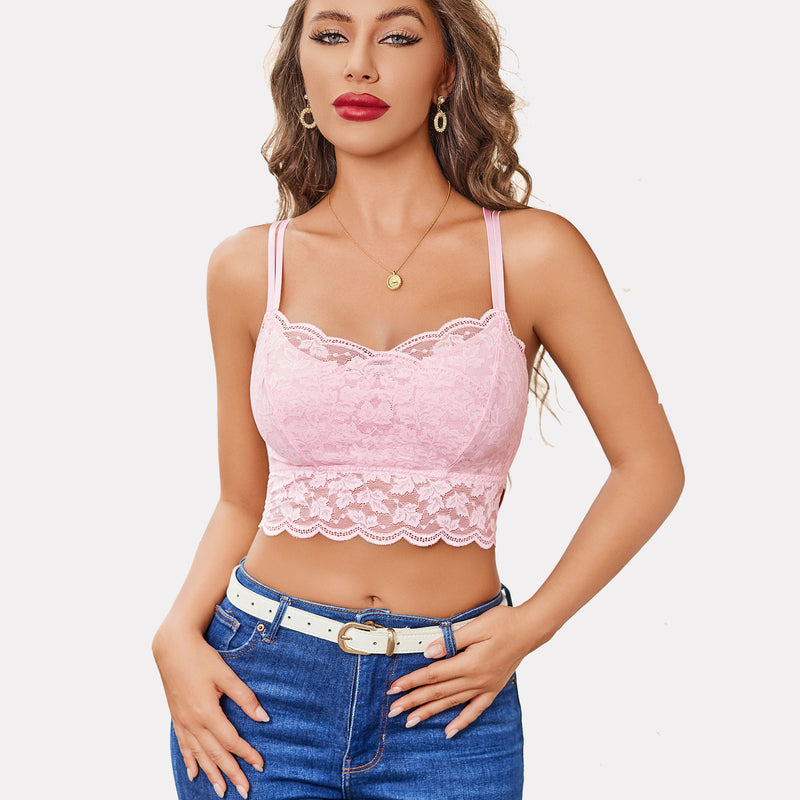 Pink lace crop top with adjustable straps; Y2K style bralette paired with jeans and white belt.