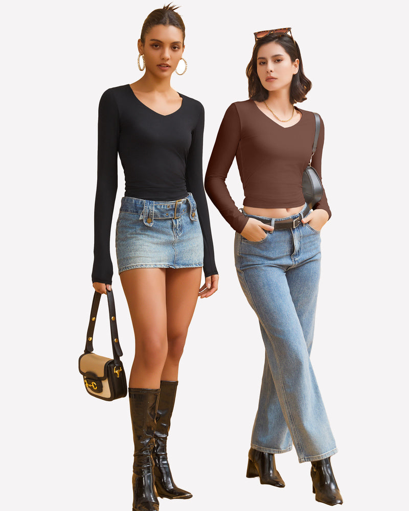 Y2k V-neck tops in black and brown. Soft, stretchy fabric. Sexy and stylish long sleeve tops.